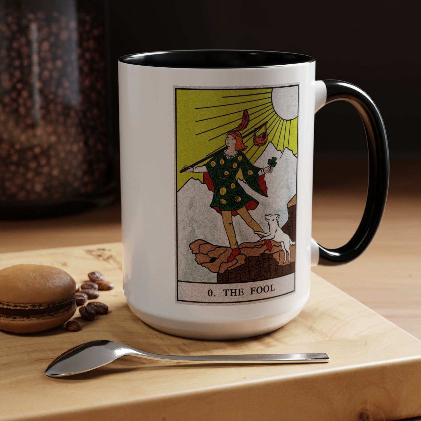 The Fool Tarot Card Coffee Mug - Double Sided Black Accent White Ceramic 15oz by TheGlassyLass.com