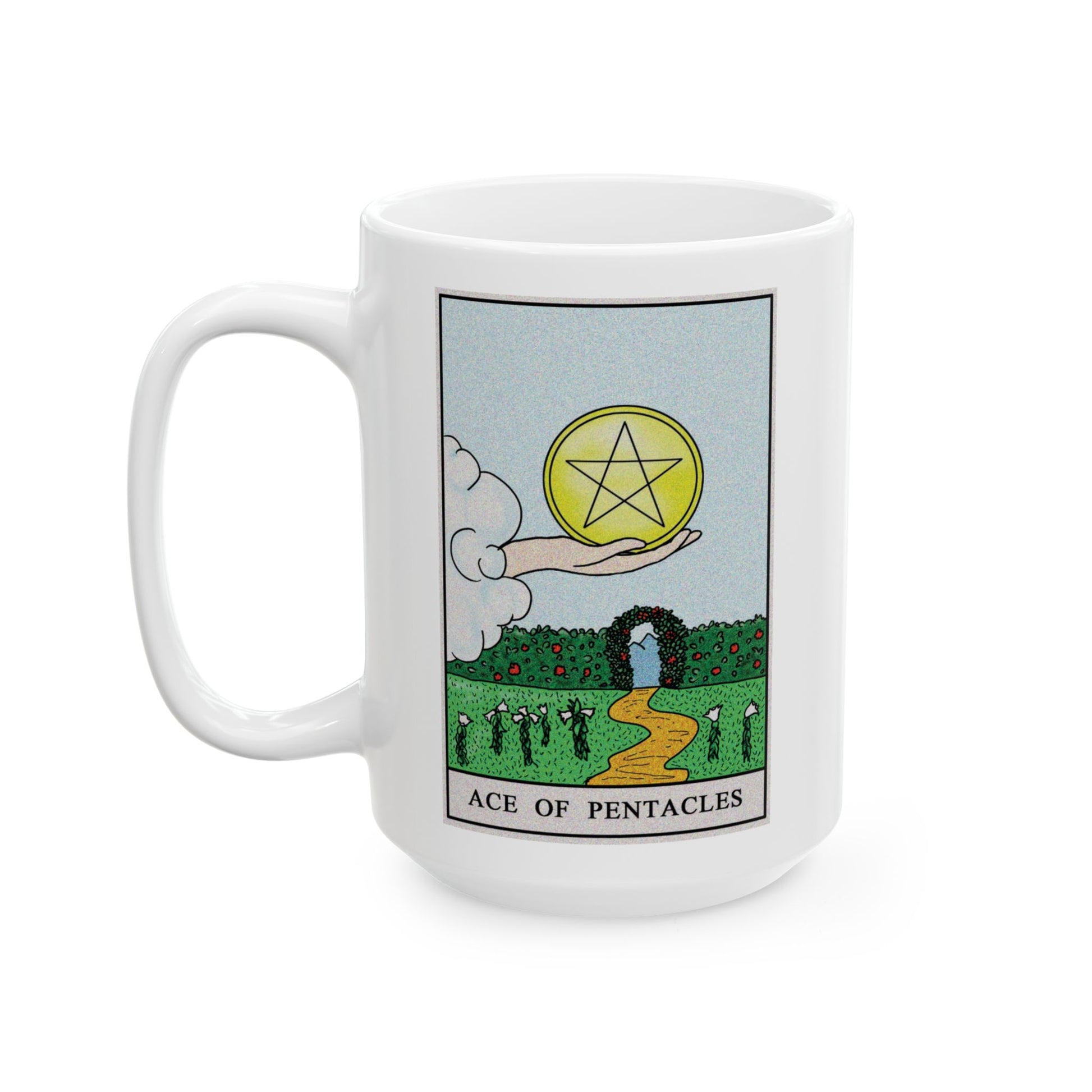 Ace of Pentacles Tarot Card Coffee Mug - Double Sided White Ceramic 15oz by TheGlassyLass.com