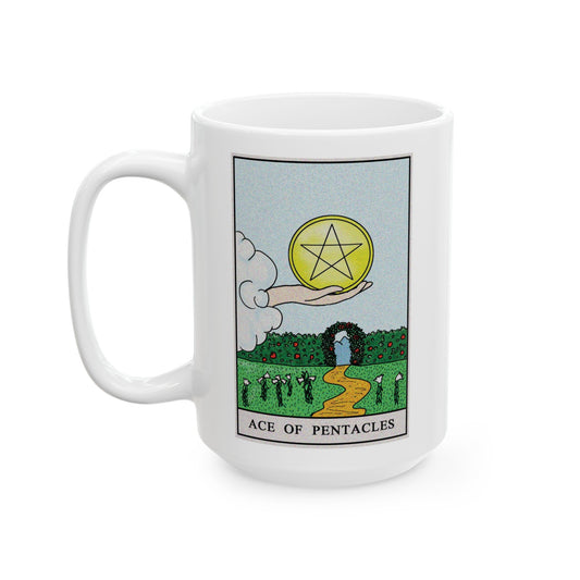 Ace of Pentacles Tarot Card Coffee Mug - Double Sided White Ceramic 15oz by TheGlassyLass.com