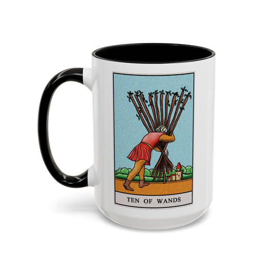 Ten of Wands Tarot Card Coffee Mug - Double Sided Black Accent White Ceramic 15oz by TheGlassyLass.com