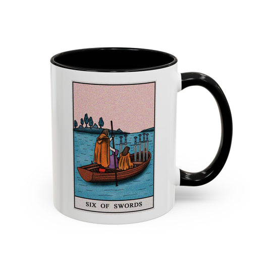 Seven of Swords Tarot Card Coffee Mug - Double Sided Print, Black Accent White Ceramic, 11oz by TheGlassyLass.com