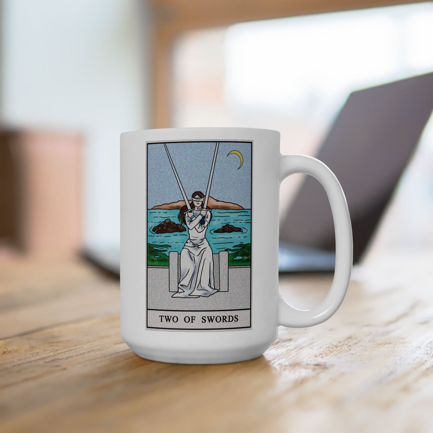 Two of Swords Tarot Card Coffee Mug - Double Sided White Ceramic 15oz by TheGlassyLass.com