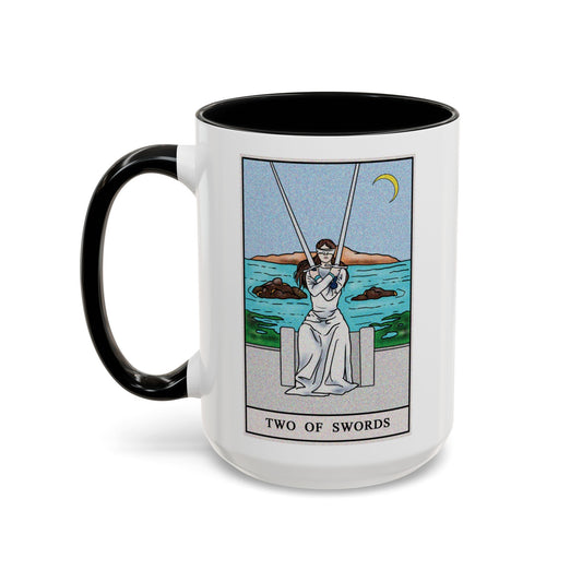 Two of Swords Tarot Card Coffee Mug - Double Sided Black Accent White Ceramic 15oz by TheGlassyLass.com