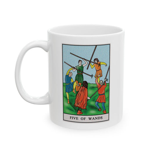 Five of Wands of Wands Tarot Card Coffee Mug - Double Sided Print, White Ceramic, 11oz by TheGlassyLass.com