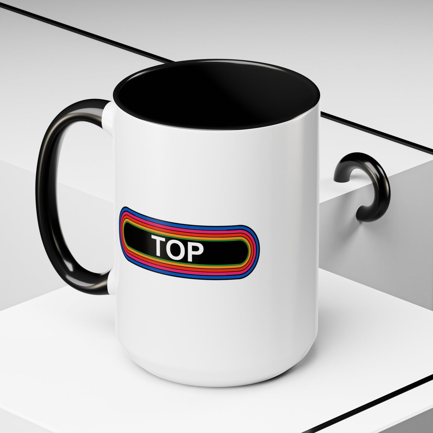 Rainbow TOP Pronouns Coffee Mug - Double Sided Black Accent Ceramic 15oz - by TheGlassyLass.com