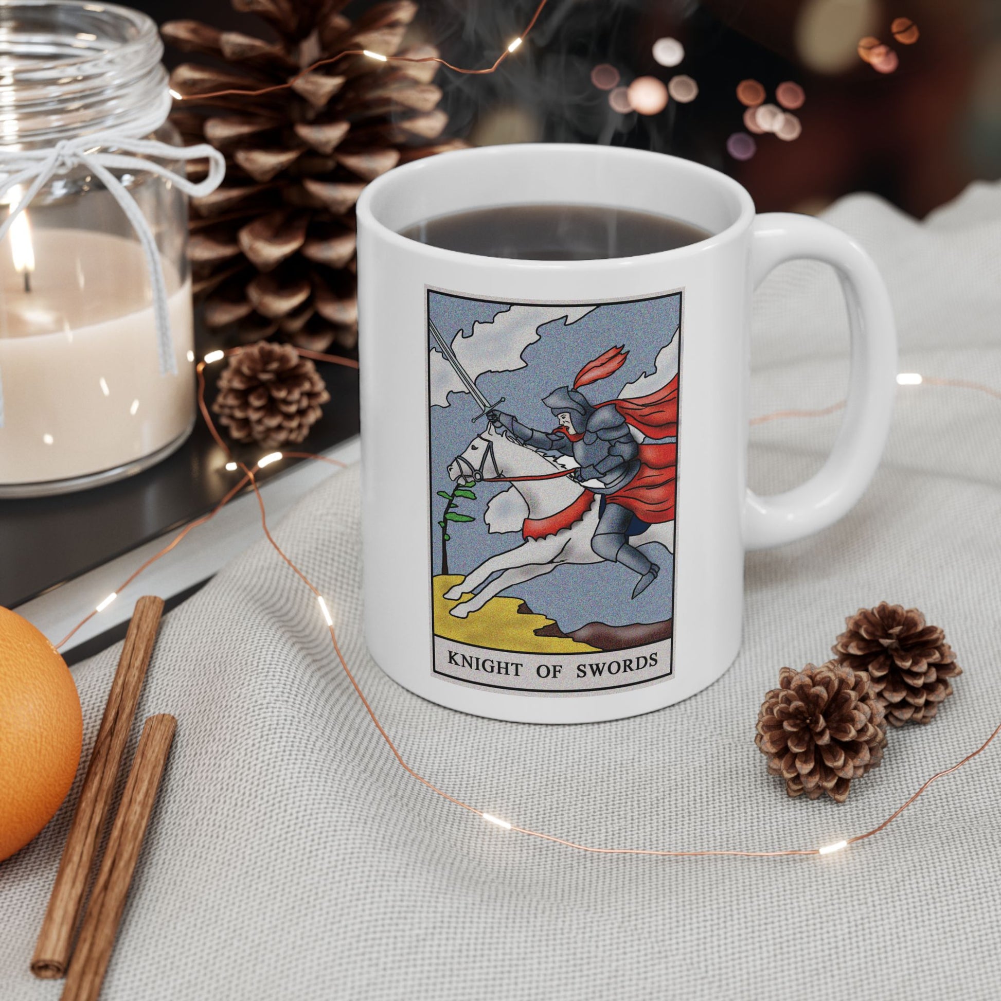 Knight of Swords Tarot Card Coffee Mug - Double Sided Print, White Ceramic, 11oz by TheGlassyLass.com