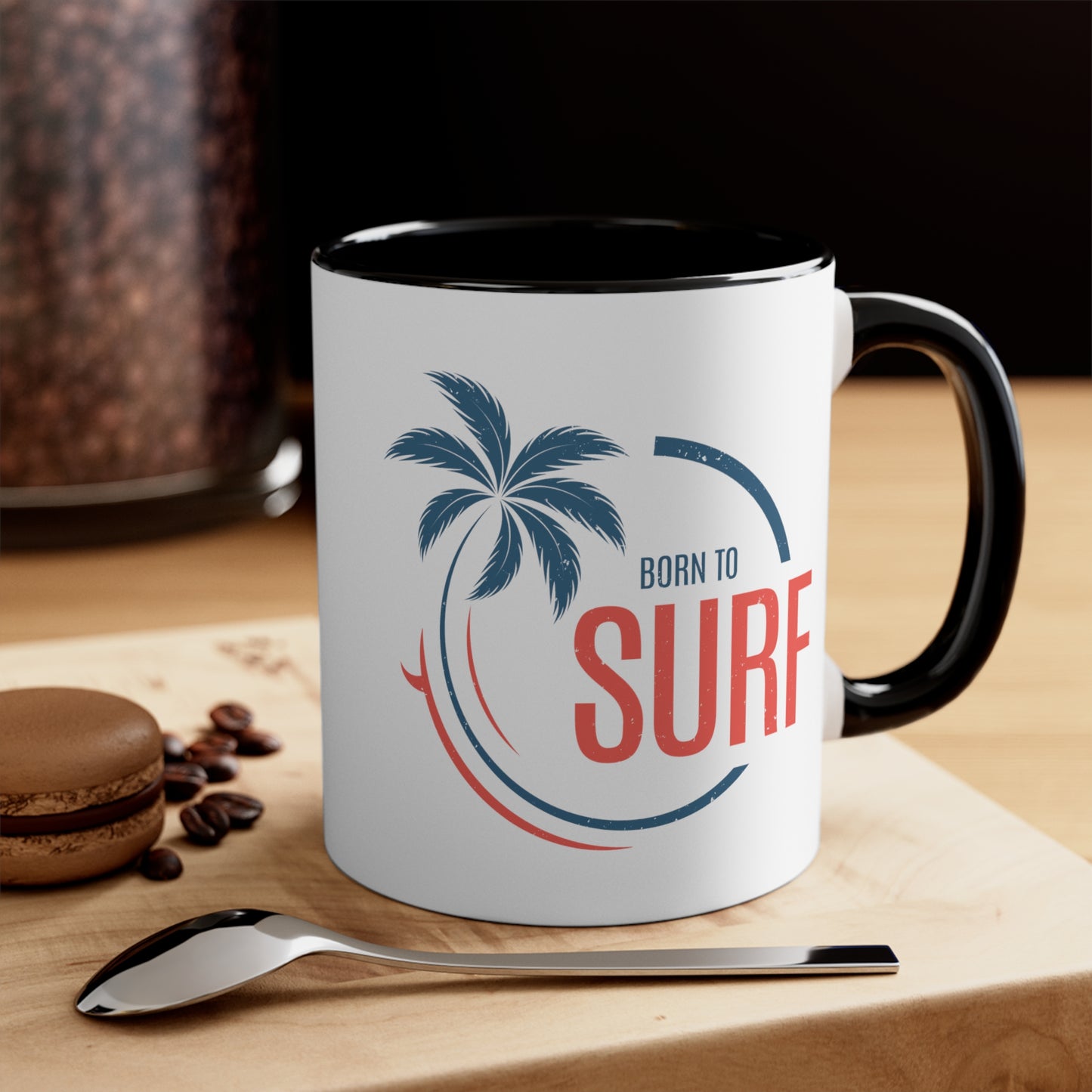 Born to Surf Coffee Mug - Double Sided Black Accent White Ceramic 11oz by TheGlassyLass.com