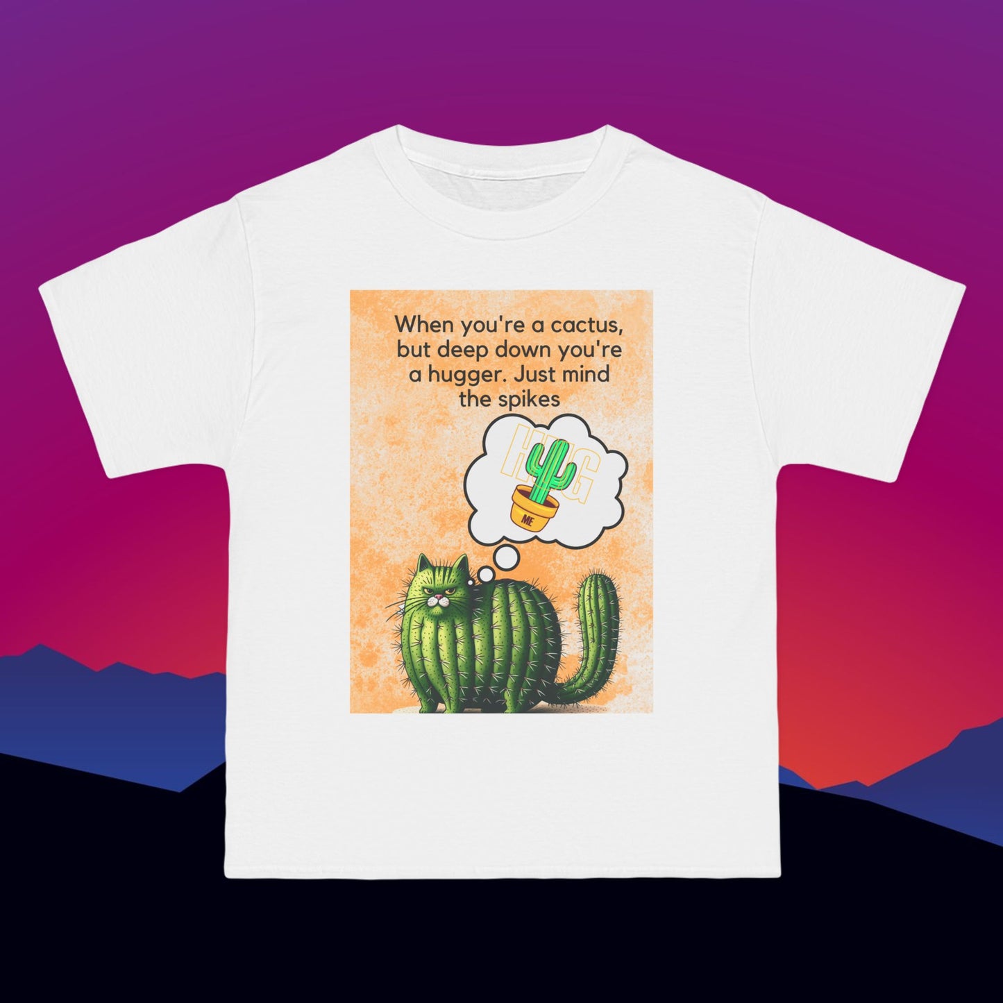 Cactus Hug Cat T-Shirt: (Hanes Beefy-T 100% Preshrunk Cotton Custom Printed by TheGlassyLass.com