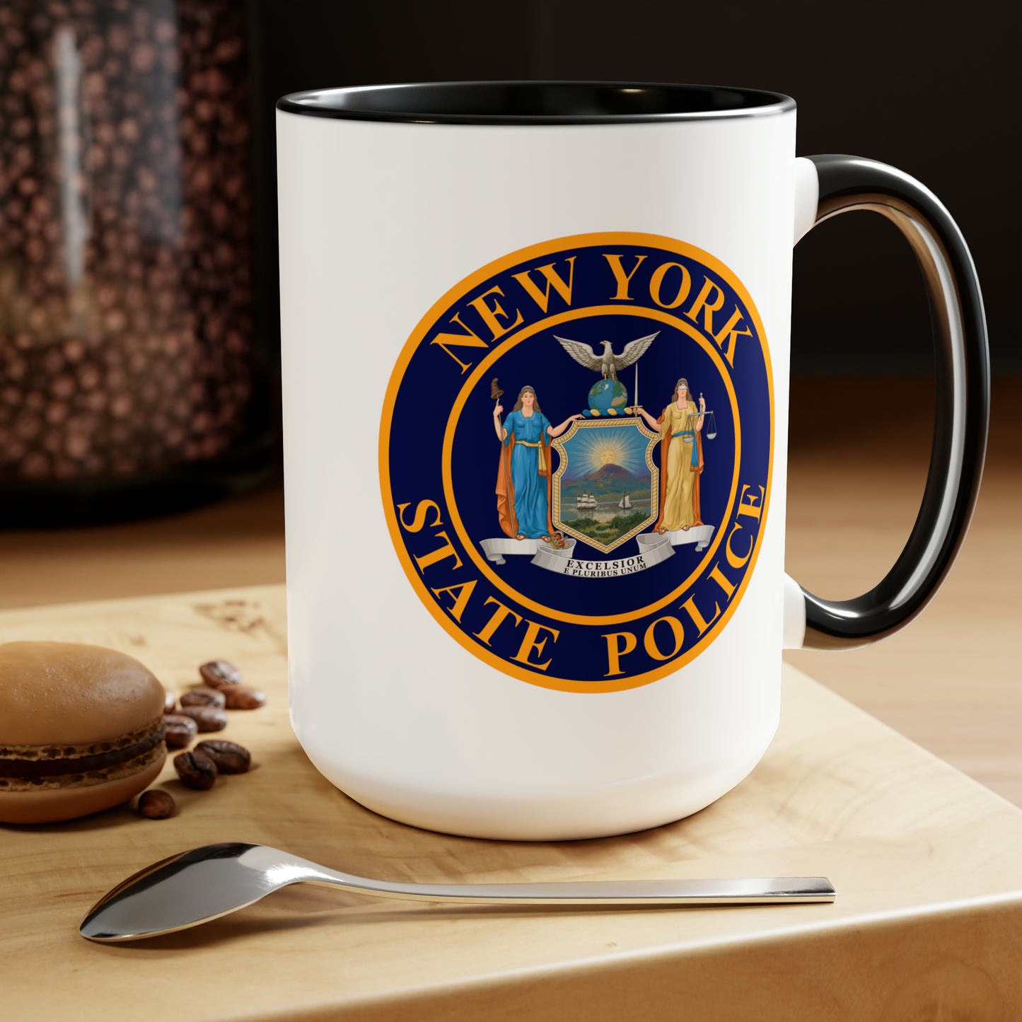 New York State Police Coffee Mug - Double Sided Black Accent White Ceramic 15oz by TheGlassyLass