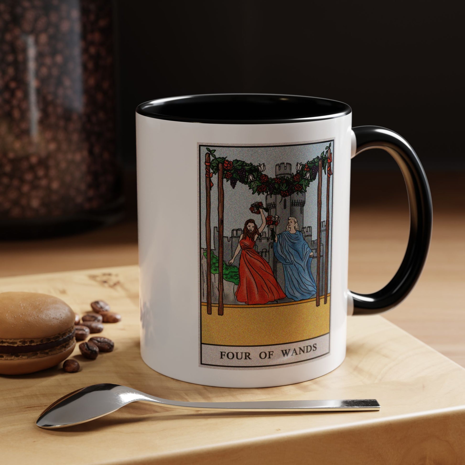 Four of Wands Tarot Card Coffee Mug - Double Sided Print, Black Accent White Ceramic, 11oz by TheGlassyLass.com