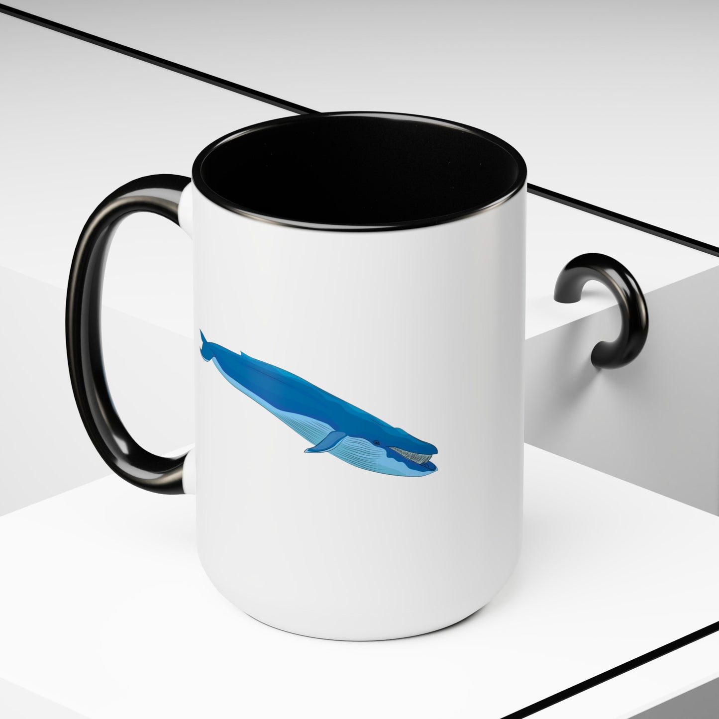 Blue Whale Coffee Mugs - Double Sided Black Accent White Ceramic 15oz by TheGlassyLass.com