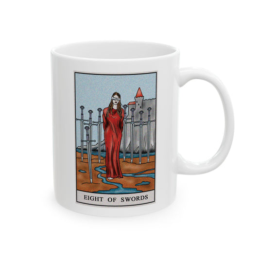 Eight of Swords Tarot Card Coffee Mug - Double Sided Print, White Ceramic, 11oz by TheGlassyLass.com
