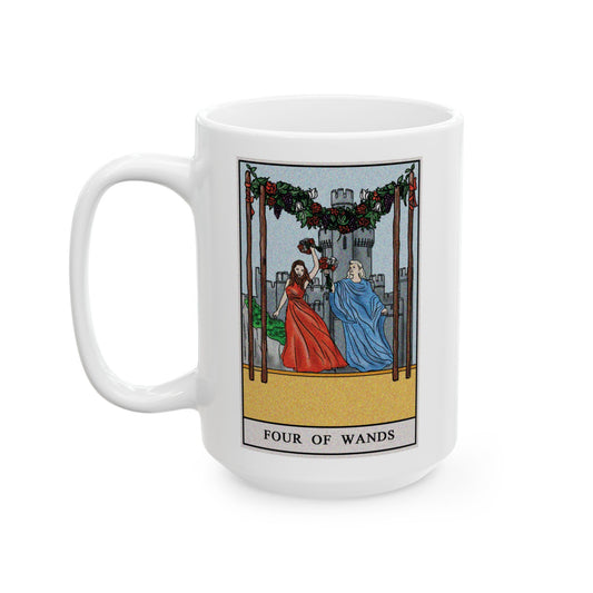 Four of Wands Tarot Card Coffee Mug - Double Sided White Ceramic 15oz by TheGlassyLass.com
