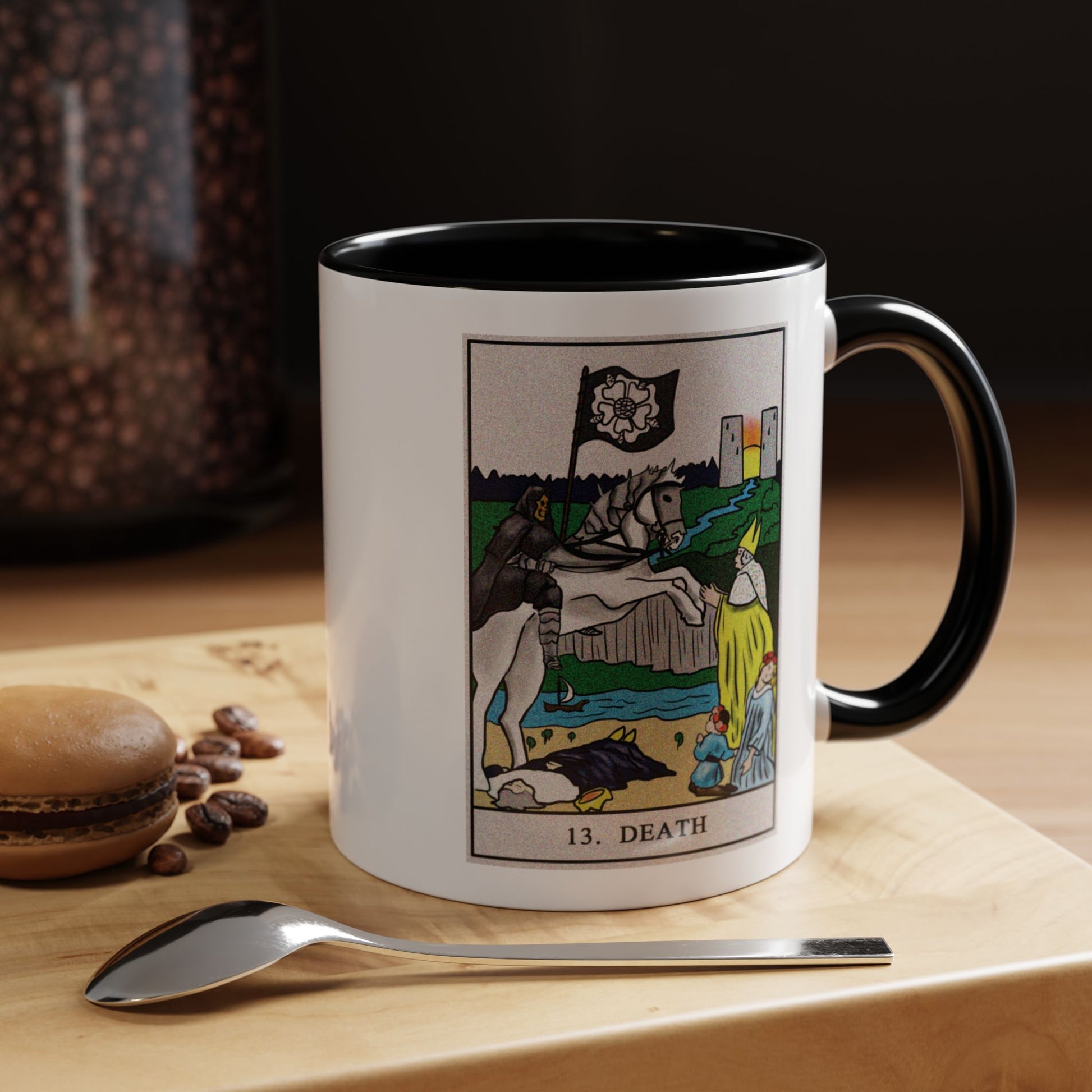 Death Tarot Card Coffee Mug - Double Sided Print, Black Accent White Ceramic, 11oz by TheGlassyLass.com