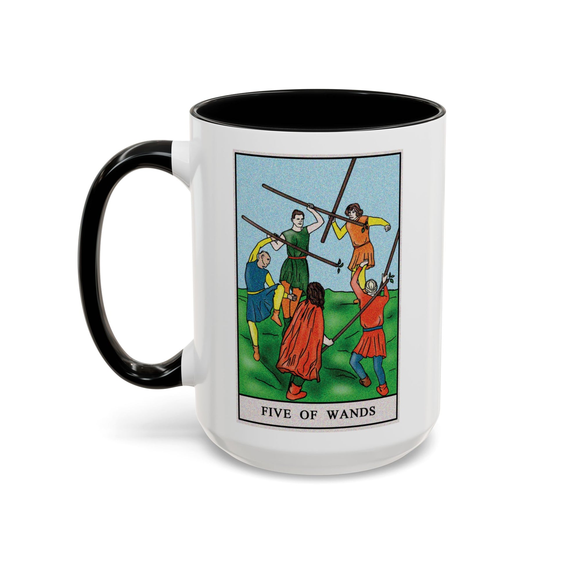 Five of Wands Tarot Card Coffee Mug - Double Sided Black Accent White Ceramic 15oz by TheGlassyLass.com