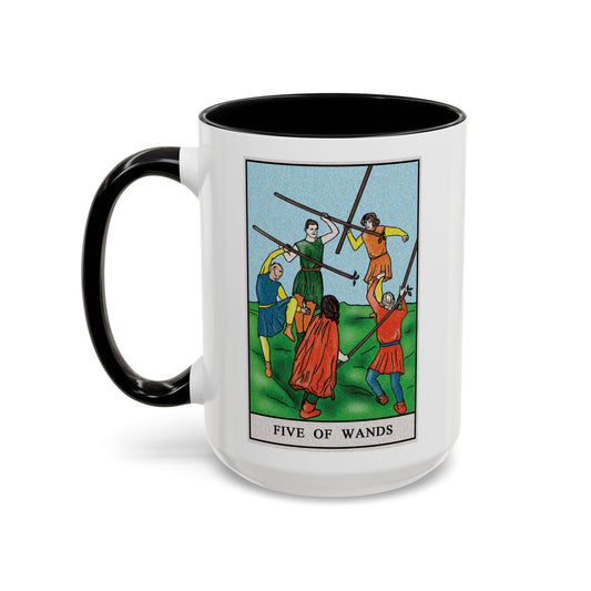 Five of Wands Tarot Card Coffee Mug - Double Sided Black Accent White Ceramic 15oz by TheGlassyLass.com