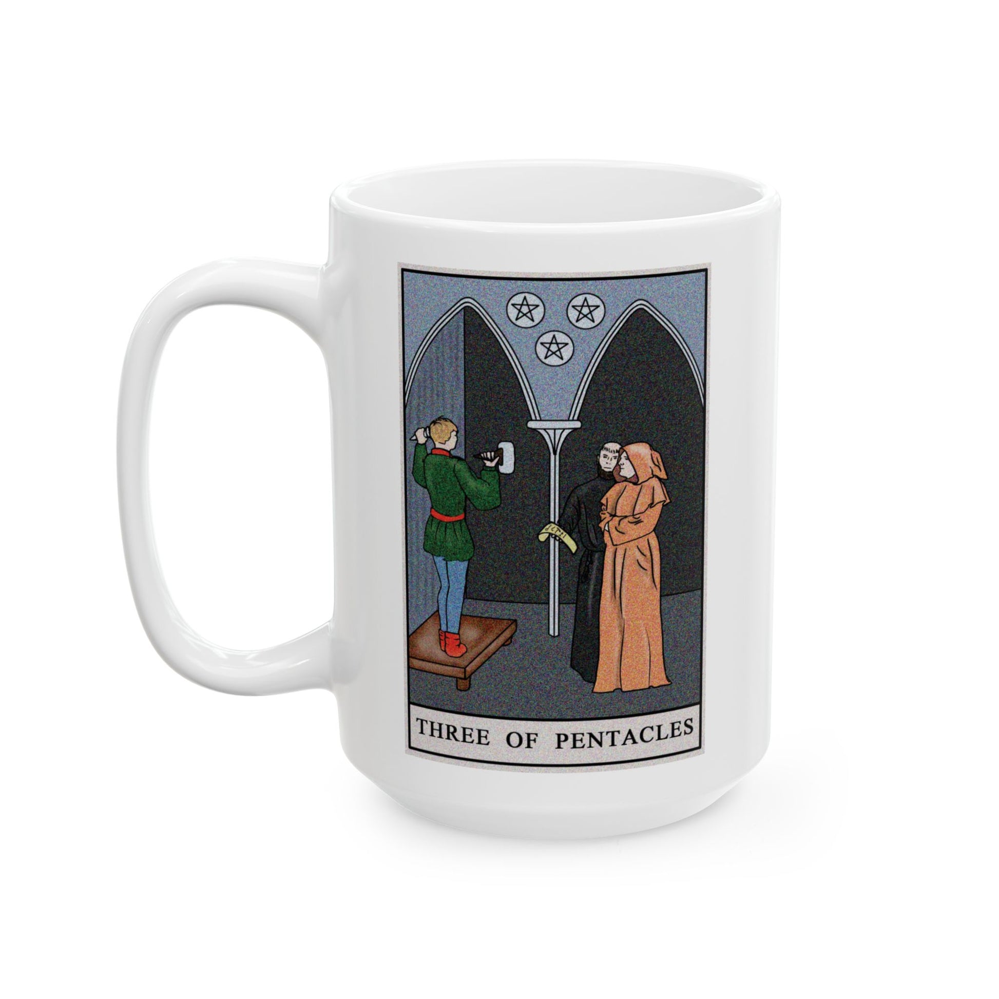 Three of Pentacles Tarot Card Coffee Mug - Double Sided White Ceramic 15oz by TheGlassyLass.com