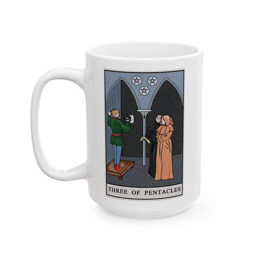 Three of Pentacles Tarot Card Coffee Mug - Double Sided White Ceramic 15oz by TheGlassyLass.com