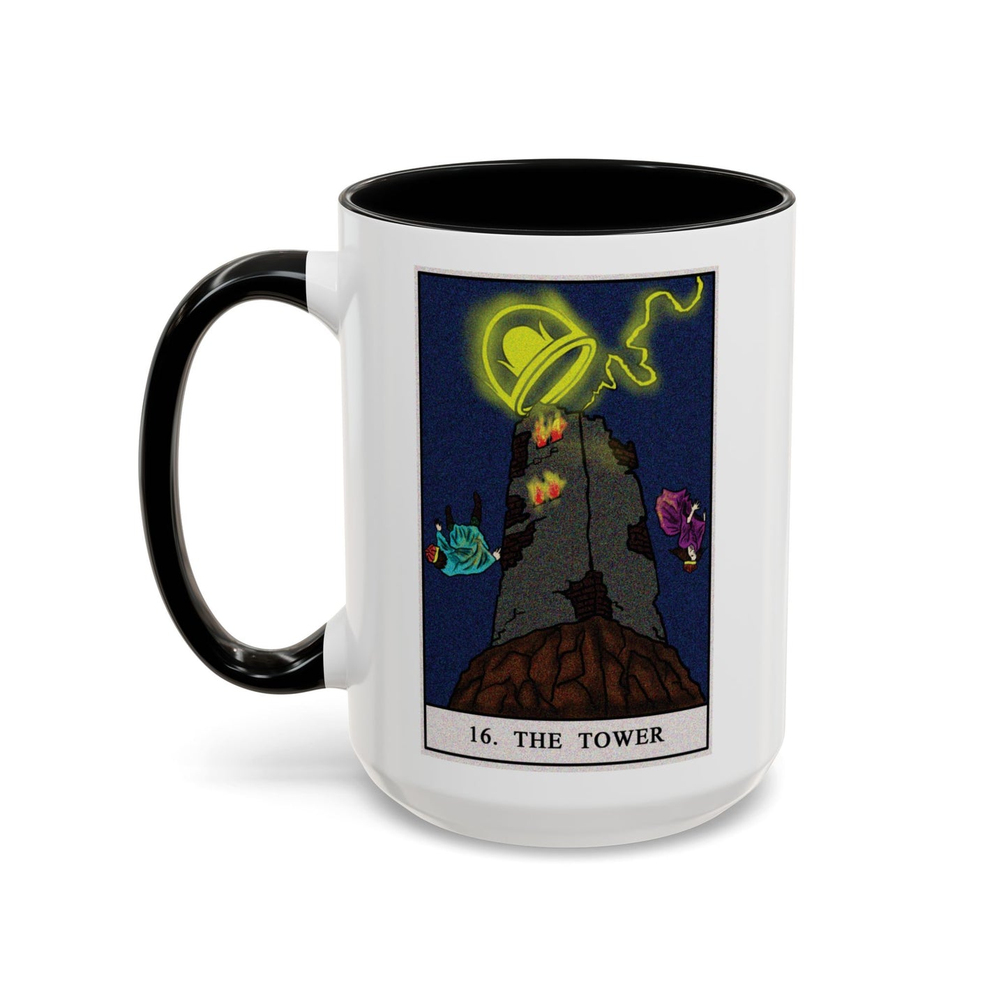 The Tower Tarot Card Coffee Mug - Double Sided Black Accent White Ceramic 15oz by TheGlassyLass.com