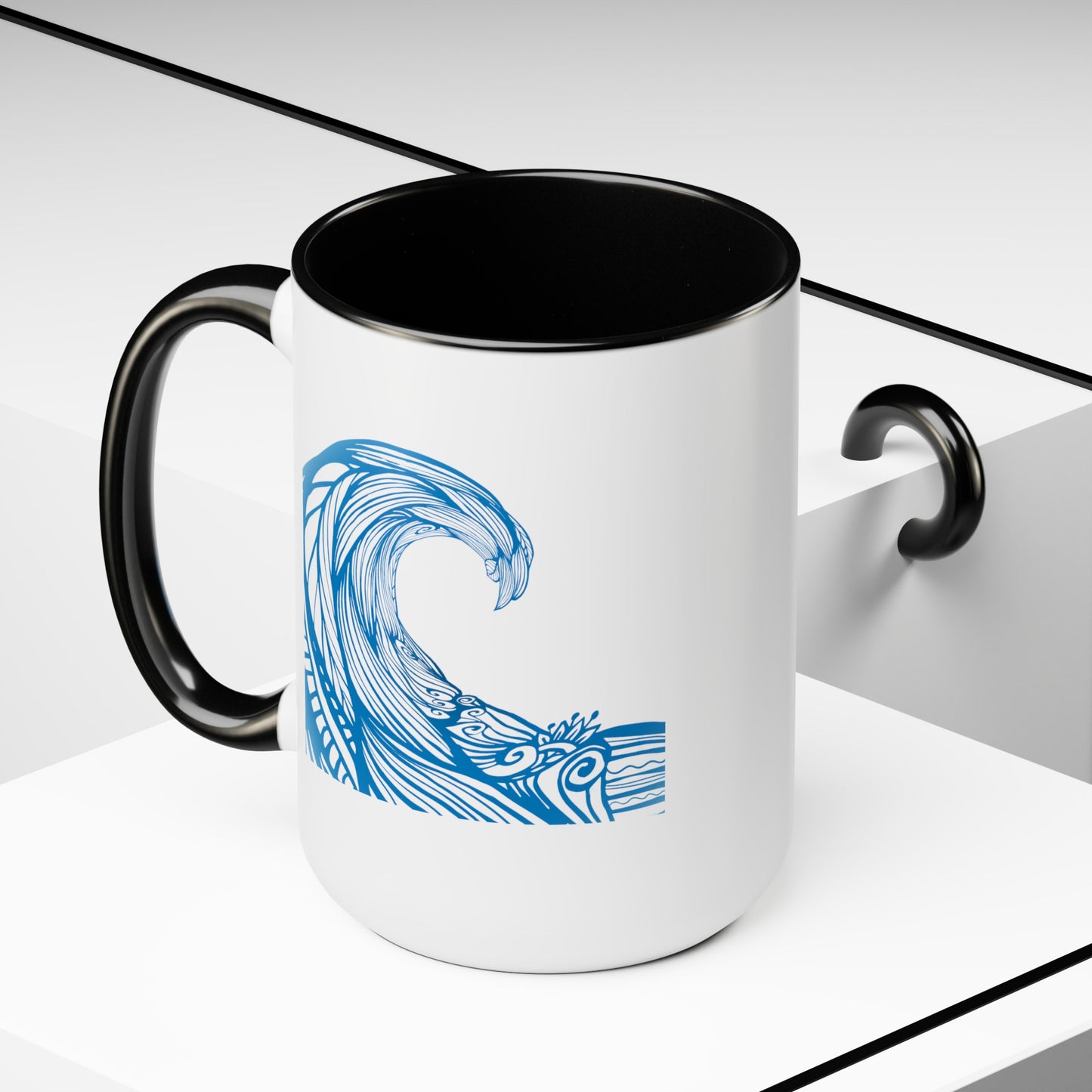 Under the Wave Coffee Mugs - Double Sided Black Accent White Ceramic 15oz by TheGlassyLass.com