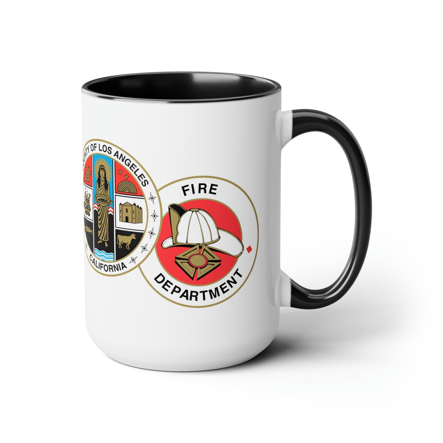 LA County Fire Department Coffee Mug - Double Sided Print Black Accent Two-Tone White Ceramic 15oz by TheGlassyLass.com