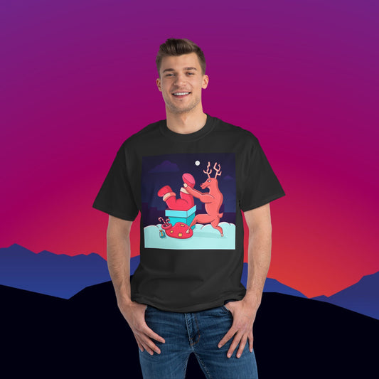 Stuck Santa Christmas T-Shirt: (Hanes Beefy-T 100% Preshrunk Cotton Custom Printed by TheGlassyLass.com