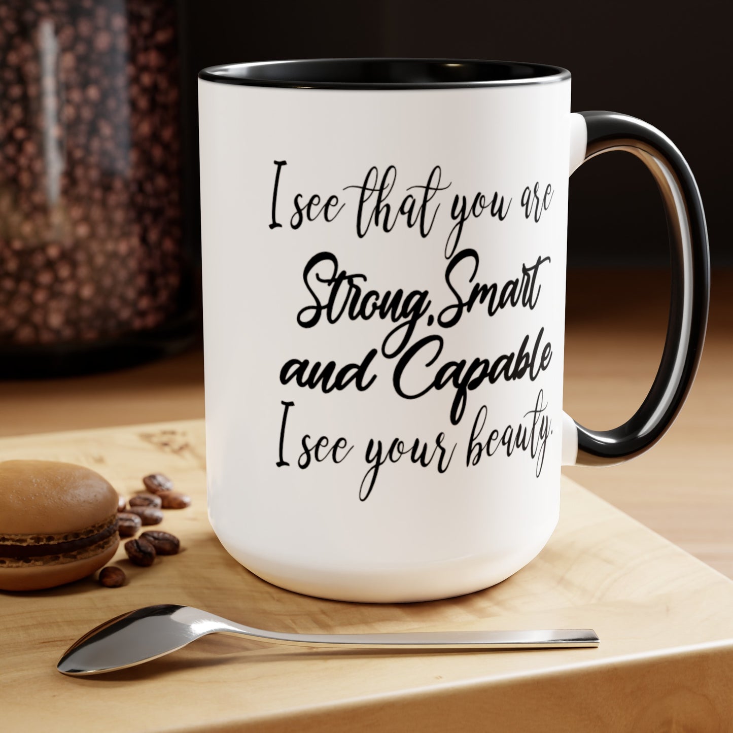 Smart Strong Capable Coffee Mug - Double Sided Black Accent White Ceramic 15oz by TheGlassyLass.com