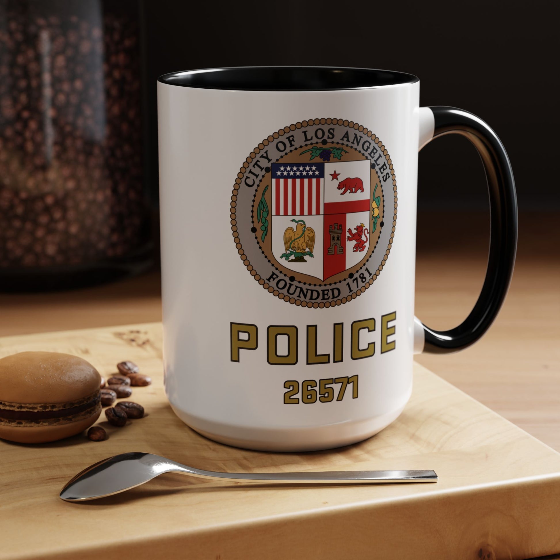 LAPD Cruiser Seal w/ Shop Number 26571 Coffee Mug - Double Sided Black Accent White Ceramic 15oz by TheGlassyLass.com