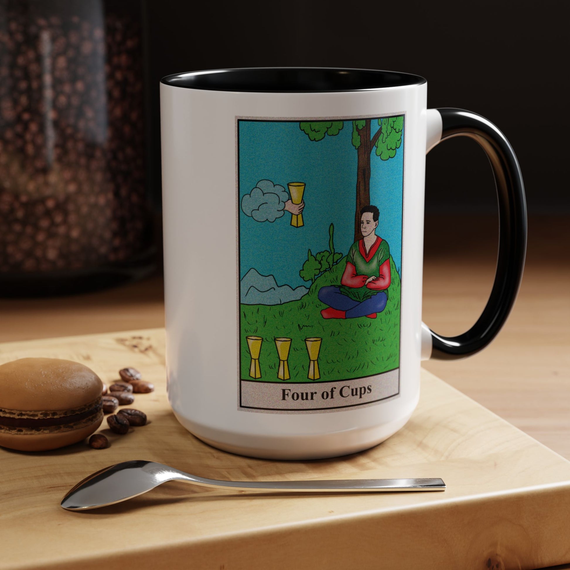 Four of Cups Tarot Card Coffee Mug - Double Sided Black Accent White Ceramic 15oz by TheGlassyLass.com