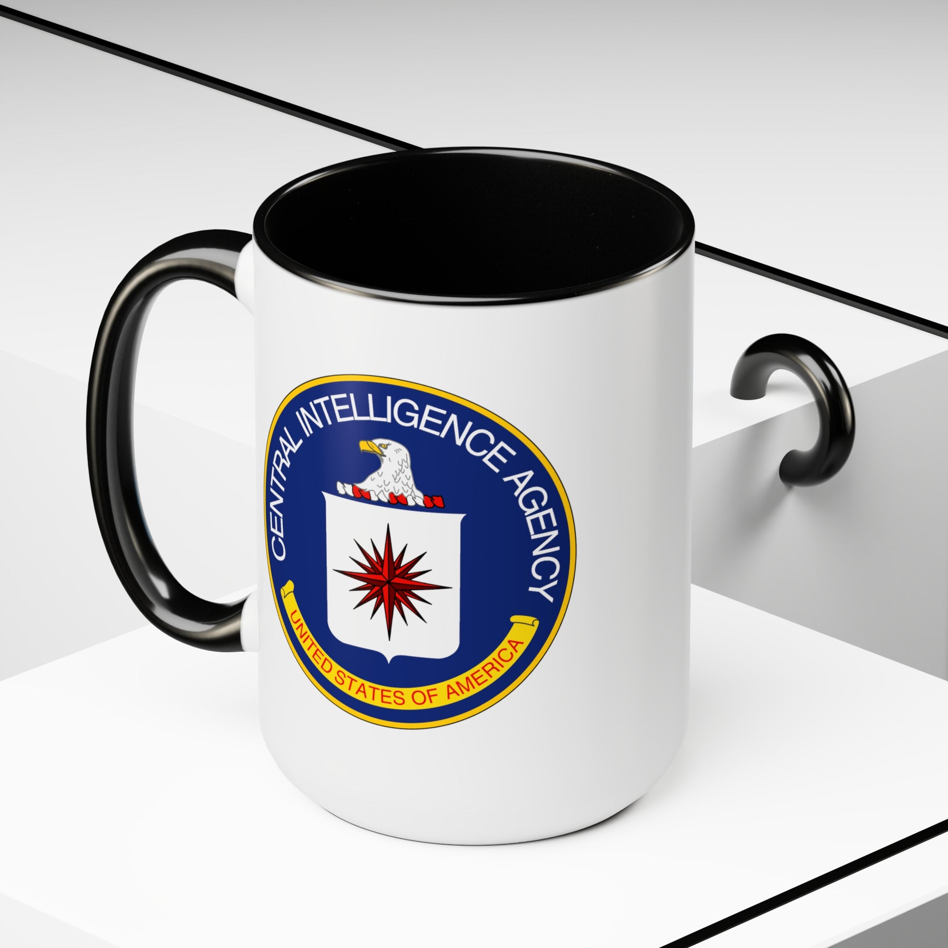 CIA Logo Coffee Mug - Double Sided Black Accent White Ceramic 15oz by TheGlassyLass