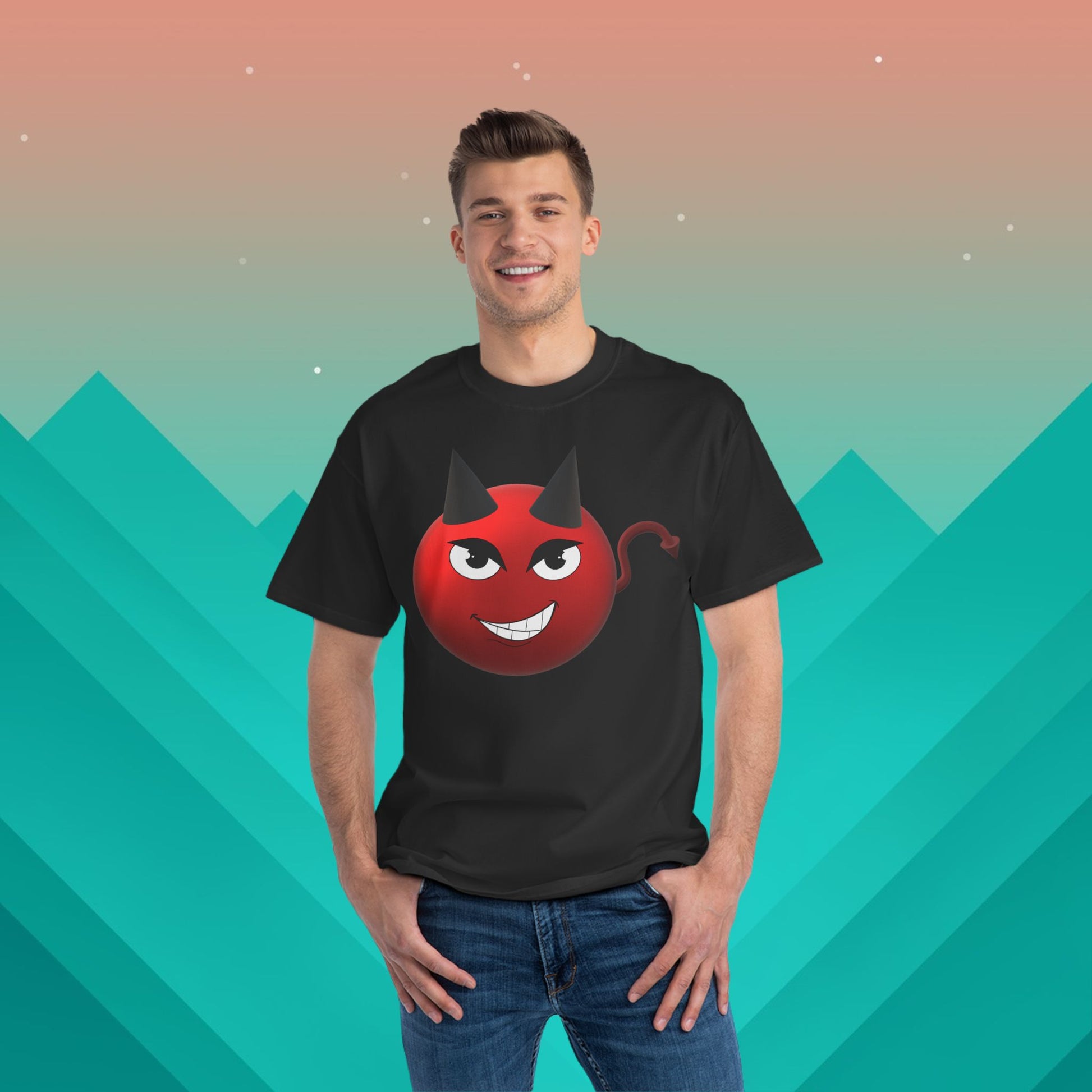 Devil Emoji T-Shirt: (Hanes Beefy-T 100% Preshrunk Cotton Custom Printed by TheGlassyLass.com