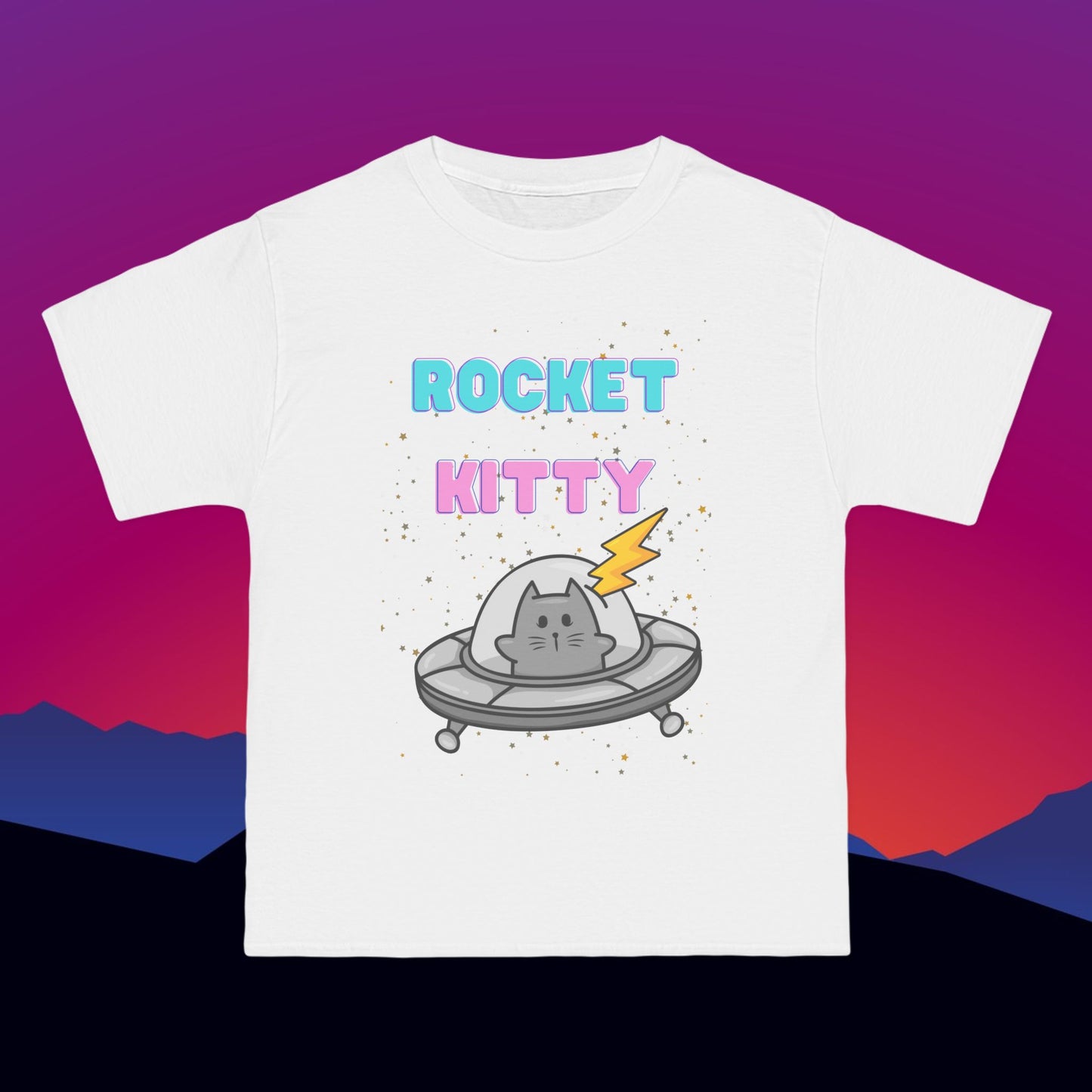 Rocket Kitty T-Shirt: (Hanes Beefy-T 100% Preshrunk Cotton Custom Printed by TheGlassyLass.com