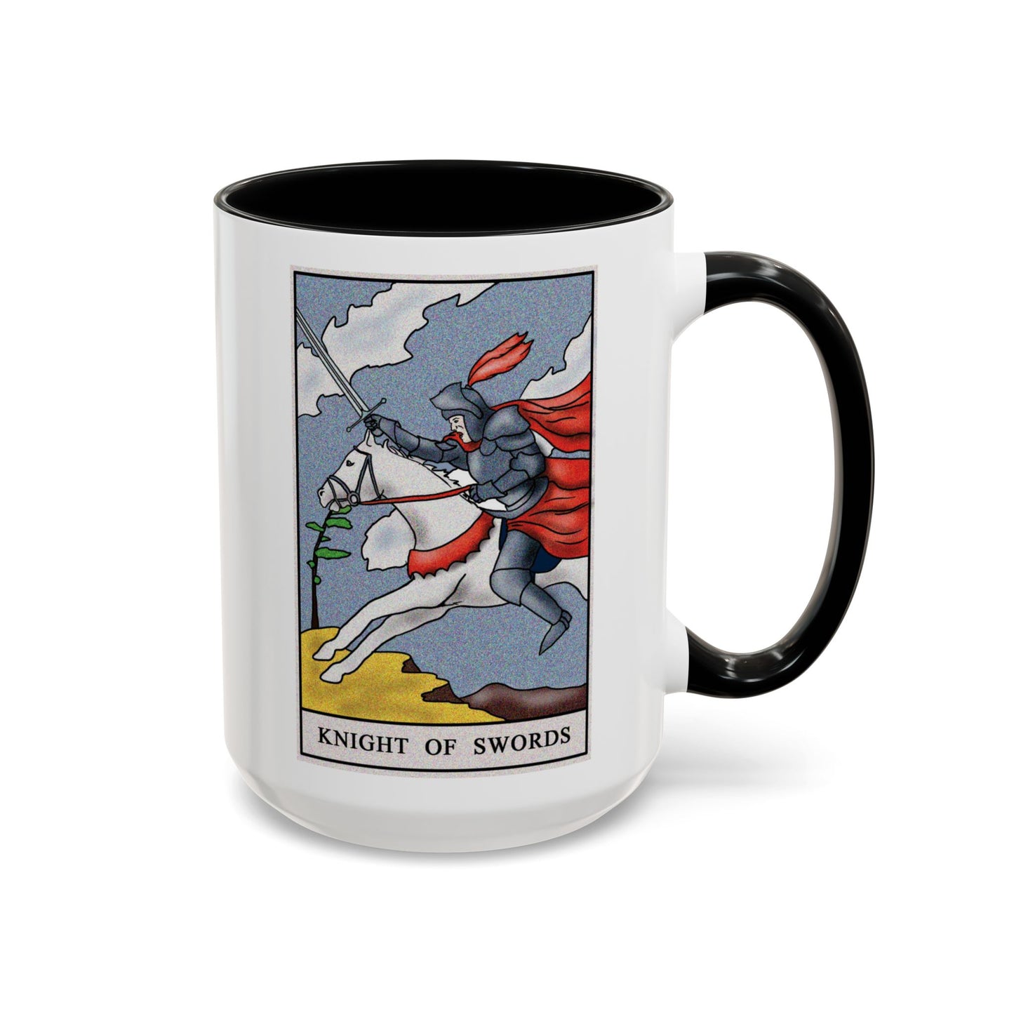 Knight of Swords Tarot Card Coffee Mug - Double Sided Black Accent White Ceramic 15oz by TheGlassyLass.com