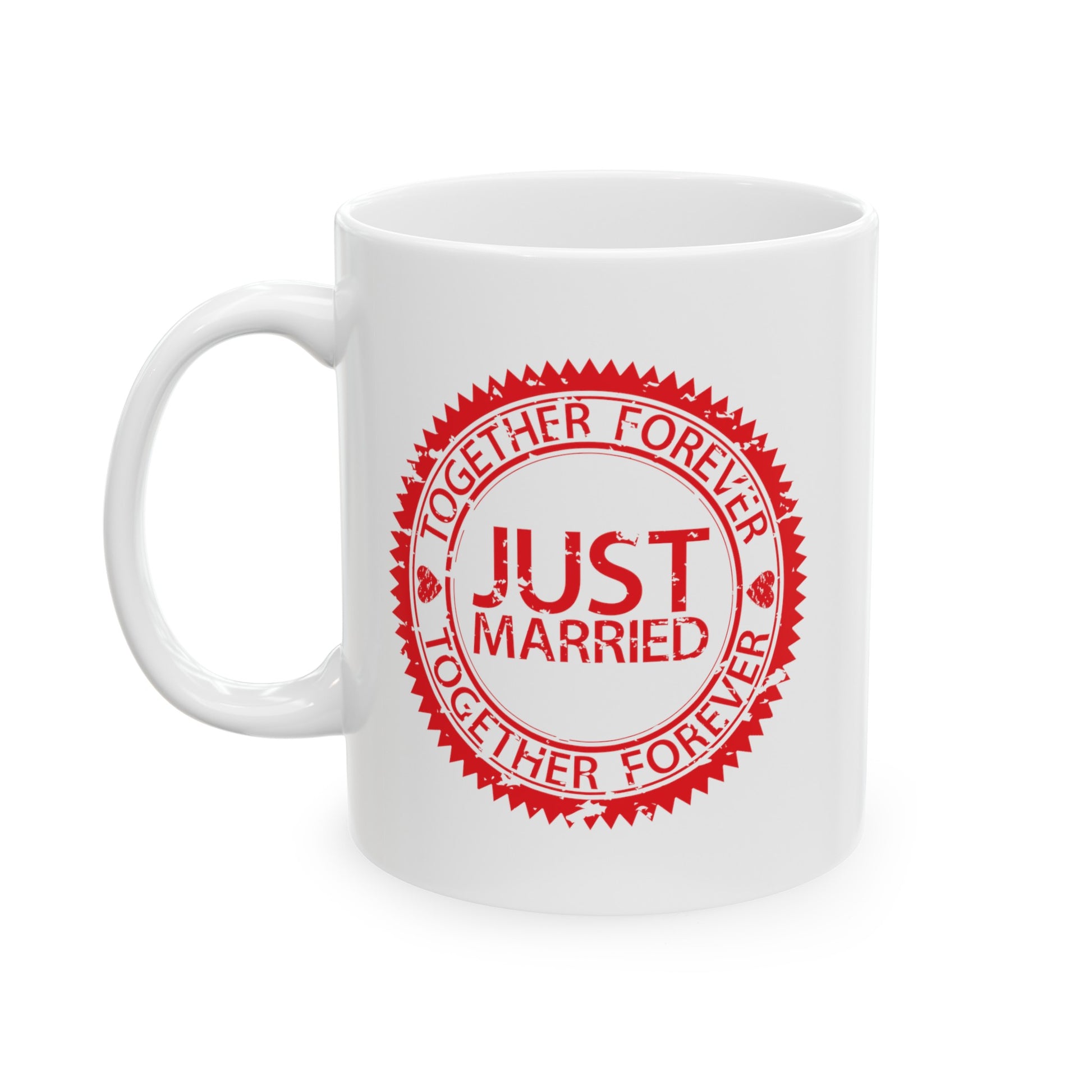Just Married Coffee Mug - Double Sided White Ceramic 11oz by TheGlassyLass.com