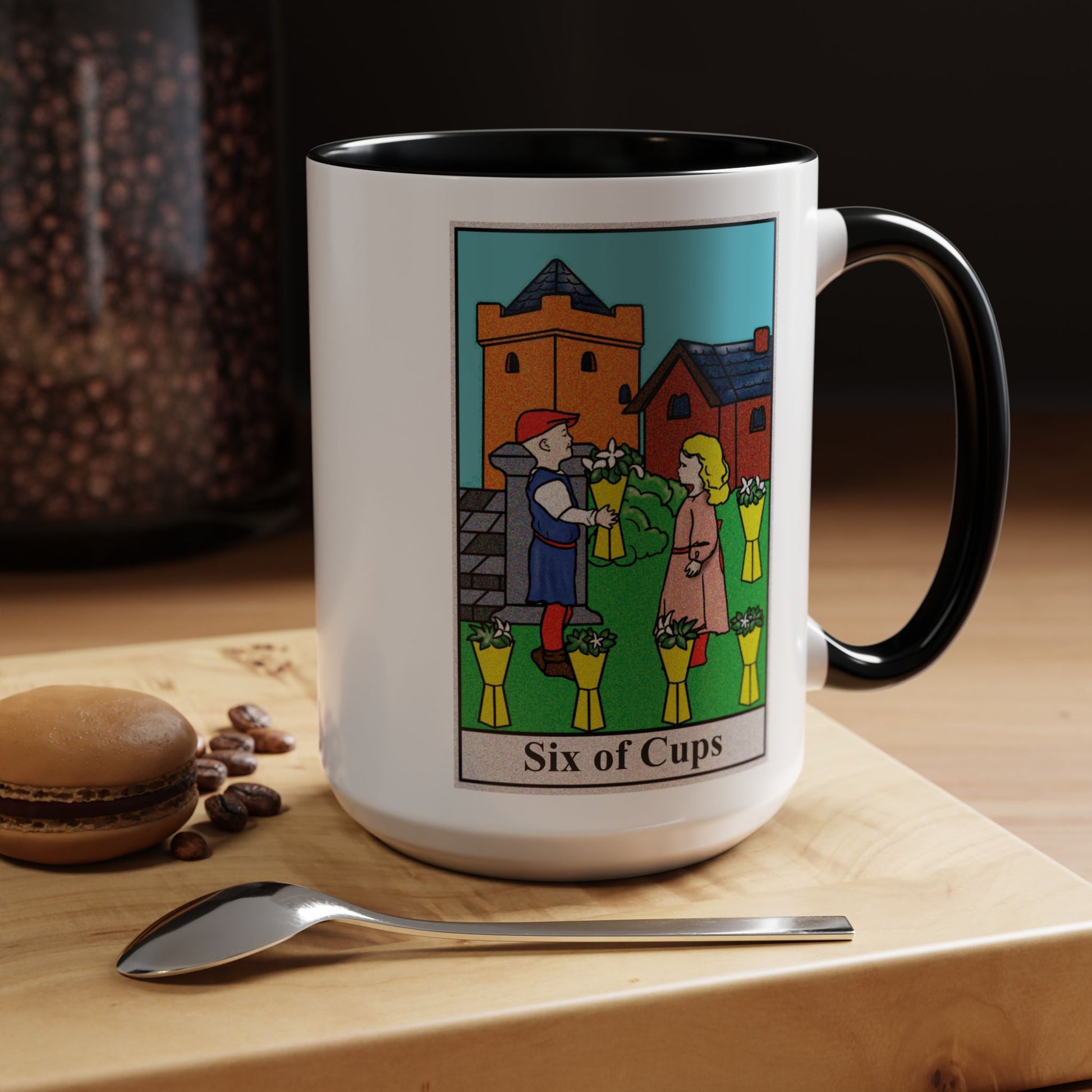Six of Cups Tarot Card Coffee Mug - Double Sided Black Accent White Ceramic 15oz by TheGlassyLass.com