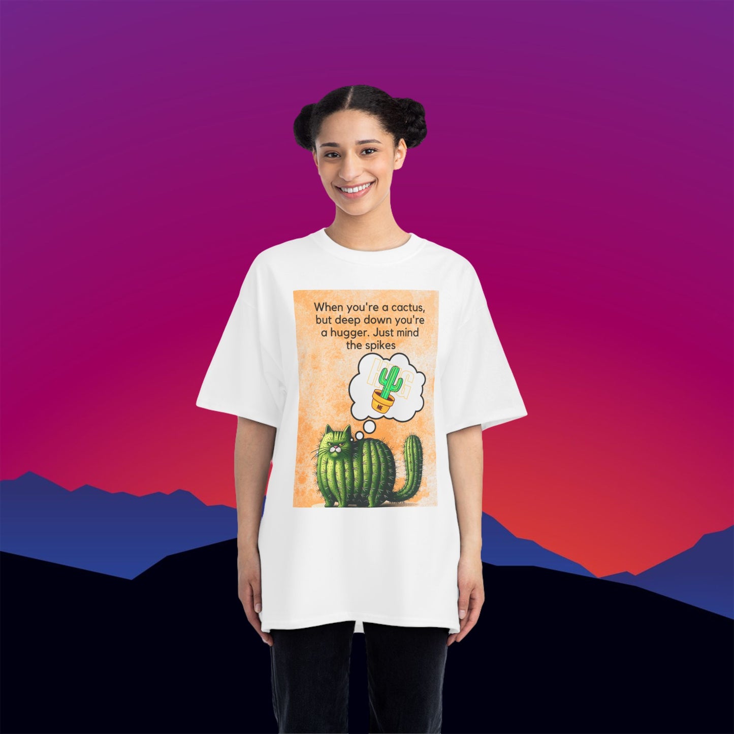 Cactus Hug Cat T-Shirt: (Hanes Beefy-T 100% Preshrunk Cotton Custom Printed by TheGlassyLass.com