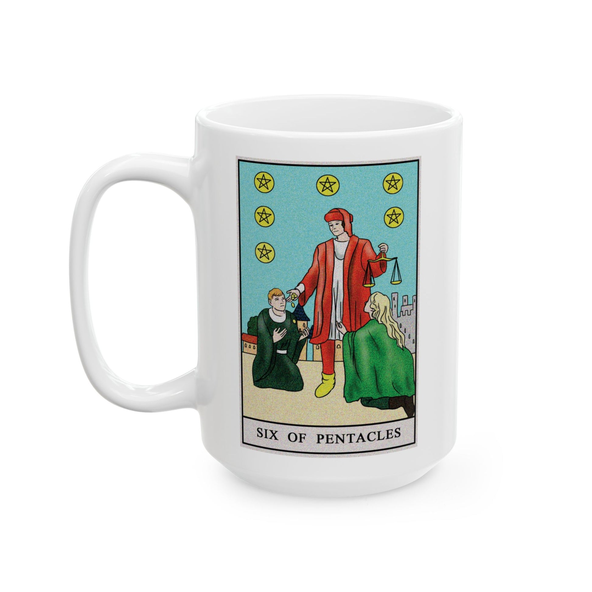 Six of Pentacles Tarot Card Coffee Mug - Double Sided White Ceramic 15oz by TheGlassyLass.com
