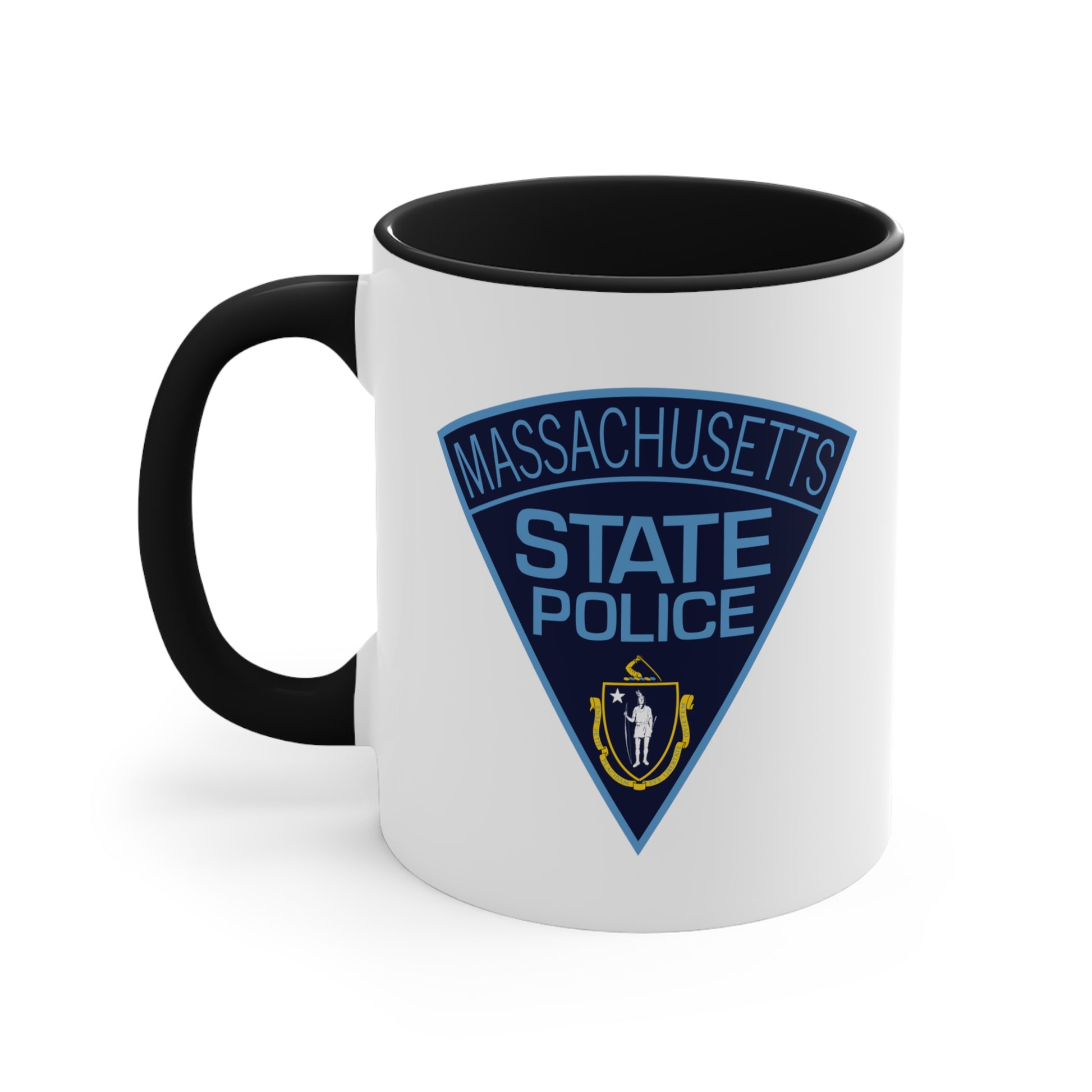 Massachusetts State Police Coffee Mug - Double Sided Black Accent White Ceramic 11oz by TheGlassyLass