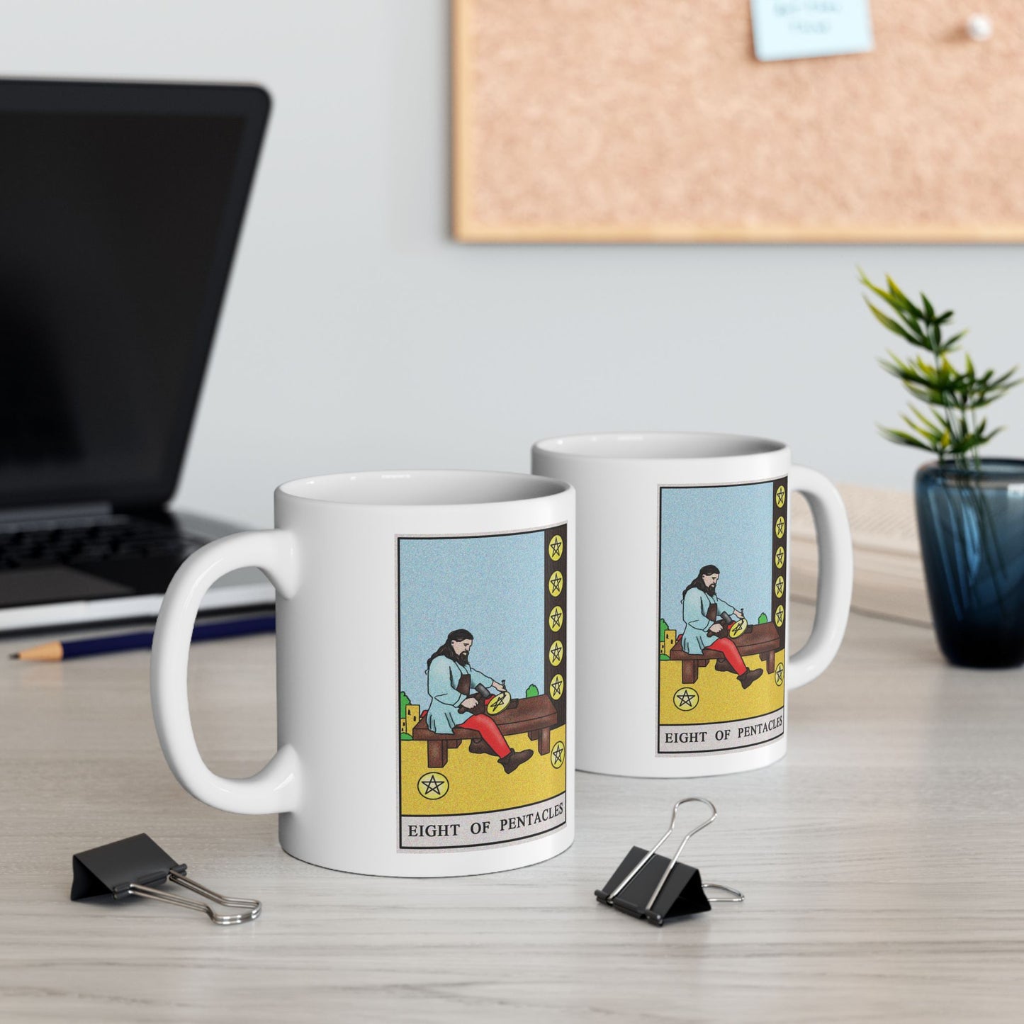 Eight of Pentacles Tarot Card Coffee Mug - Double Sided Print, White Ceramic, 11oz by TheGlassyLass.com