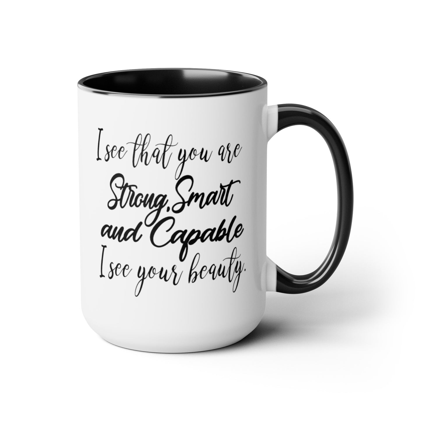 Smart Strong Capable Coffee Mug - Double Sided Black Accent White Ceramic 15oz by TheGlassyLass.com