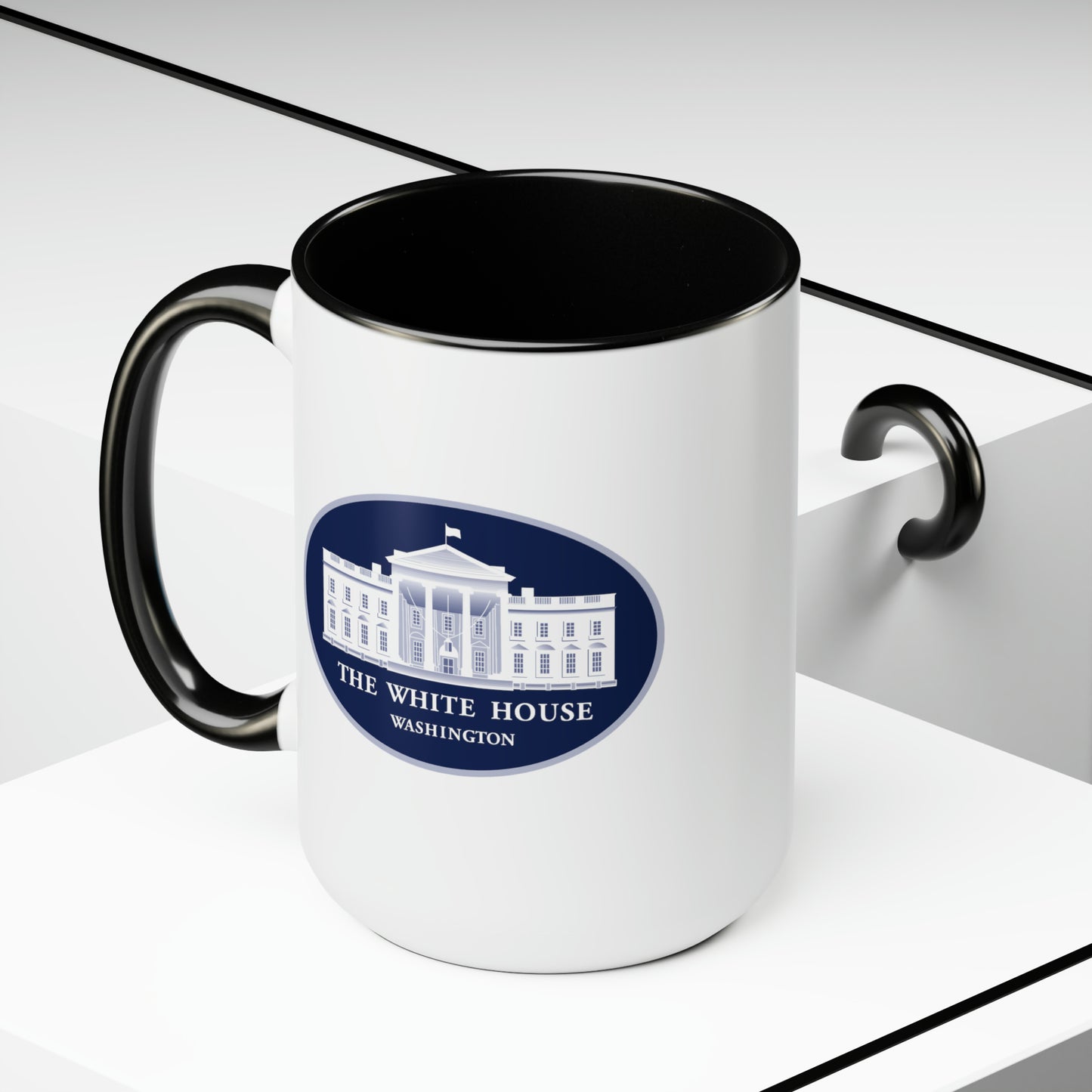 The White House Coffee Mug - Double Sided Black Accent White Ceramic 15oz by TheGlassyLass