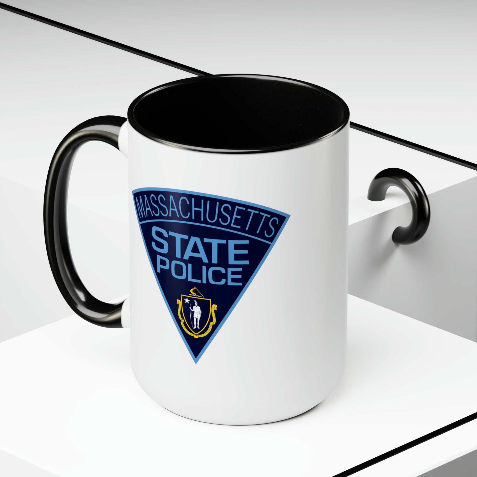 Massachusetts State Police Coffee Mug - Double Sided Black Accent White Ceramic 15oz by TheGlassyLass