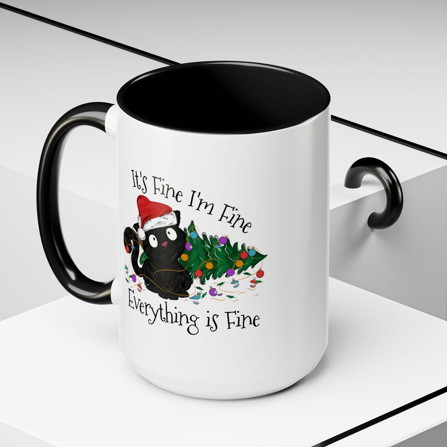 Everything is Fine Coffee Mug - Double Sided Black Accent White Ceramic 15oz by TheGlassyLass.com