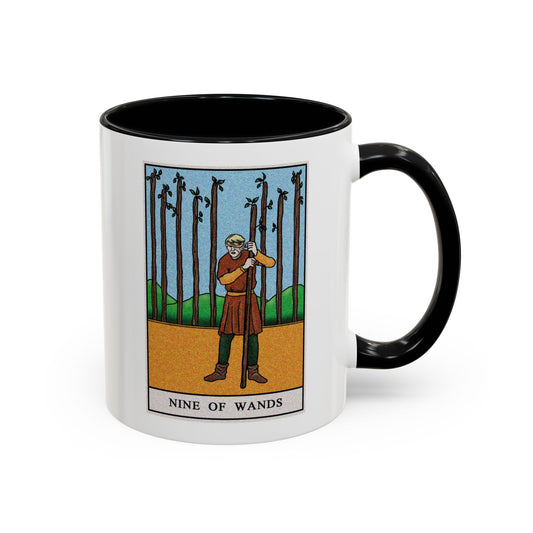 Nine of Wands Tarot Card Coffee Mug - Double Sided Print, Black Accent White Ceramic, 11oz by TheGlassyLass.com