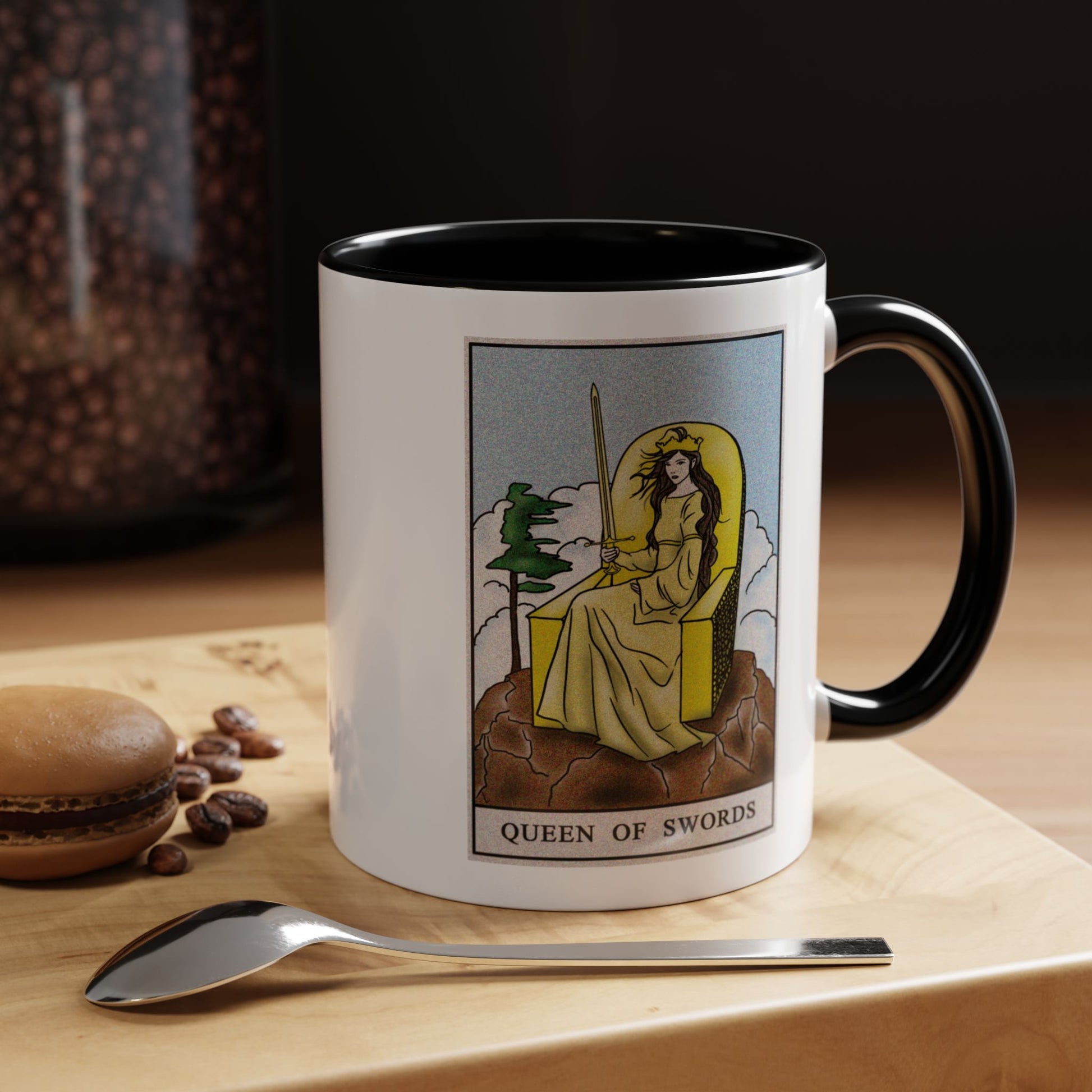 Queen of Swords Tarot Card Coffee Mug - Double Sided Print, Black Accent White Ceramic, 11oz by TheGlassyLass.com