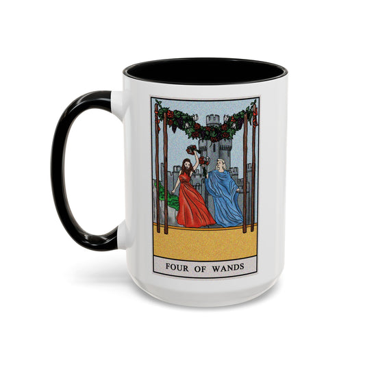 Four of Wands Tarot Card Coffee Mug - Double Sided Black Accent White Ceramic 15oz by TheGlassyLass.com