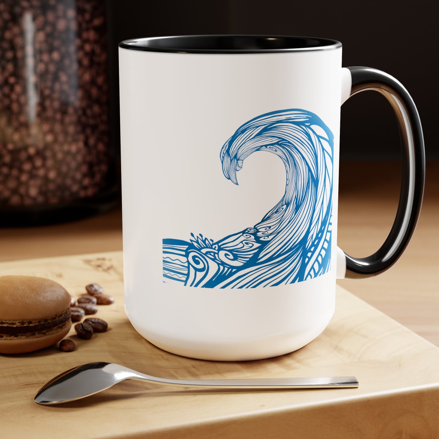 Under the Wave Coffee Mugs - Double Sided Black Accent White Ceramic 15oz by TheGlassyLass.com