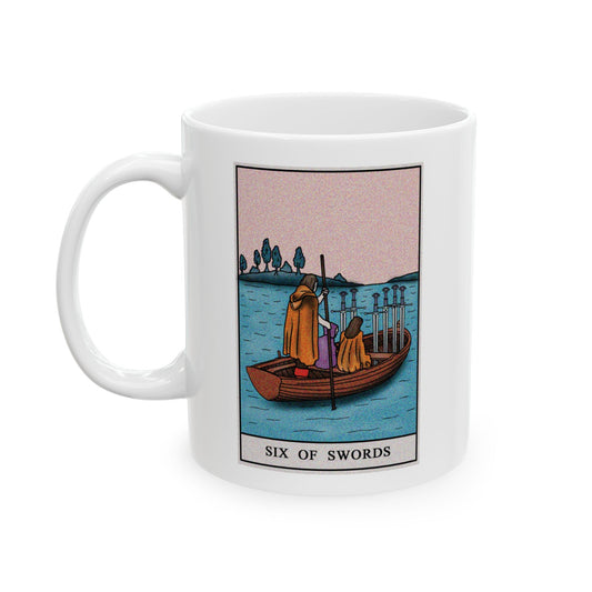 Six of Swords Tarot Card Coffee Mug - Double Sided Print, White Ceramic, 11oz by TheGlassyLass