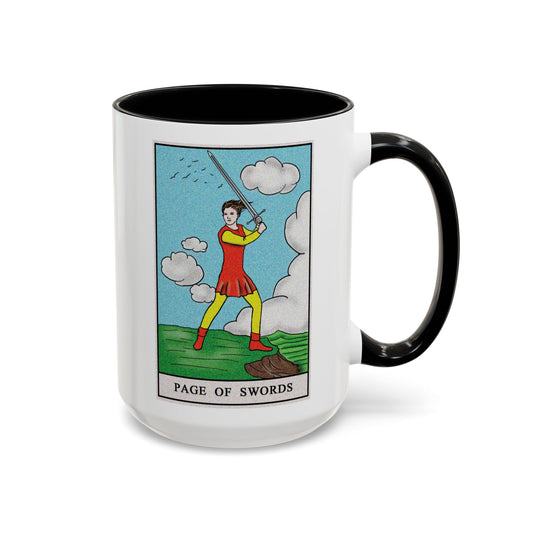 Page of Swords Tarot Card Coffee Mug - Double Sided Black Accent White Ceramic 15oz by TheGlassyLass.com