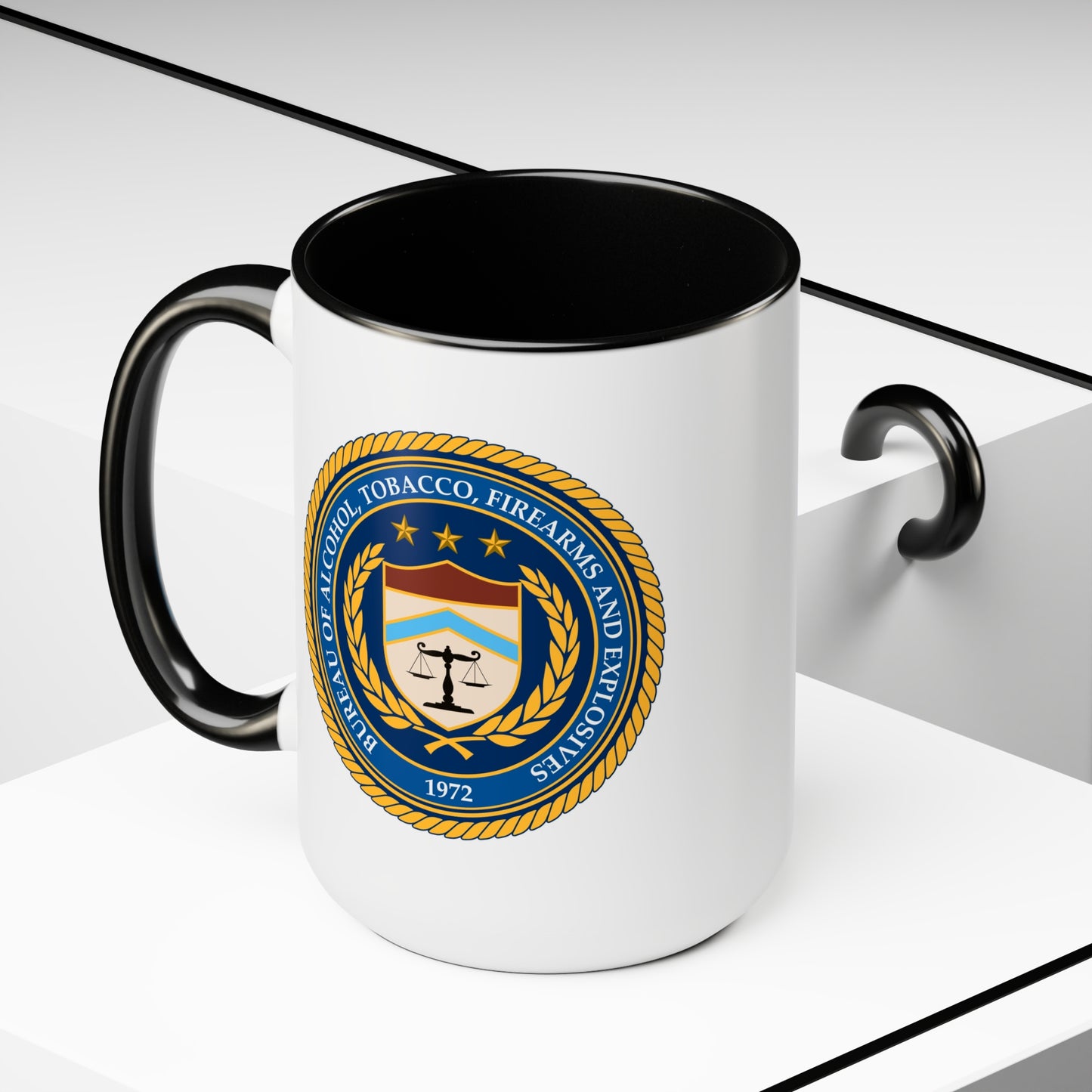 US ATF Seal Coffee Mug - Double Sided Black Accent White Ceramic 15oz by TheGlassyLass